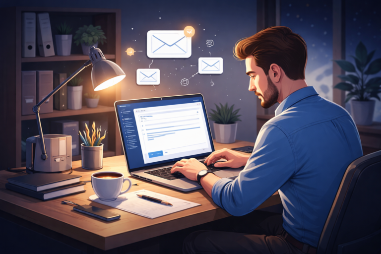 Illustration of a person typing an email at a desk representing customer support and communication