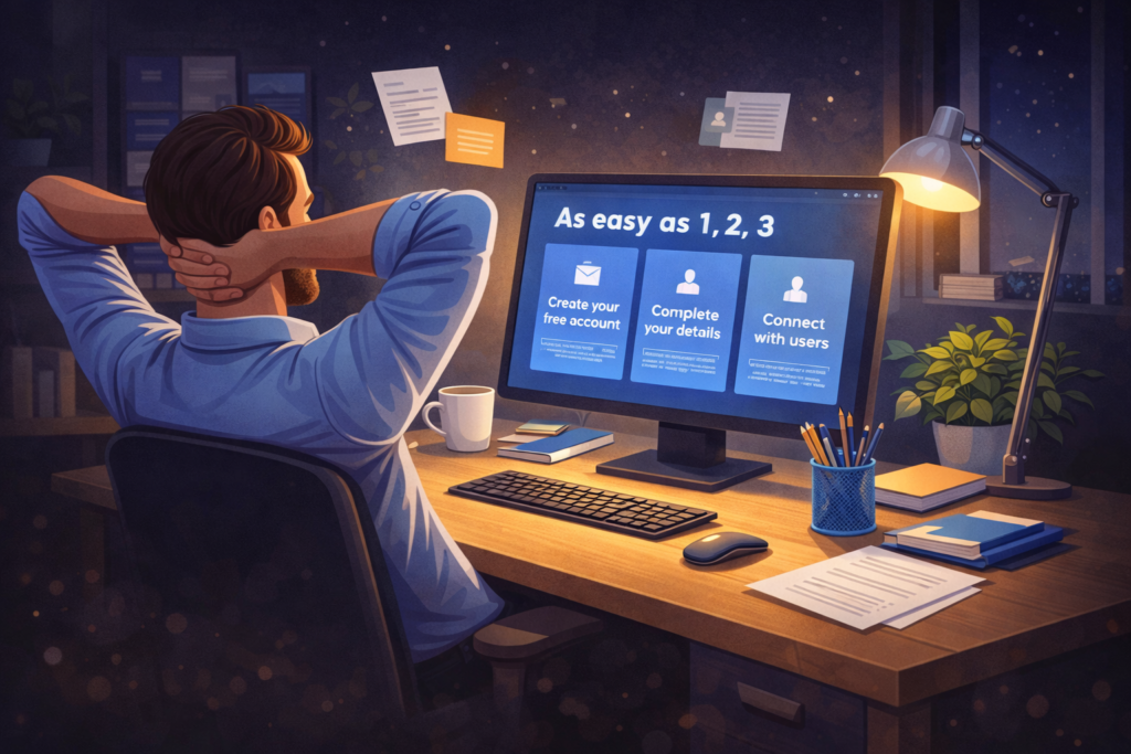 Illustrated person reviewing a simple document process on a computer screen