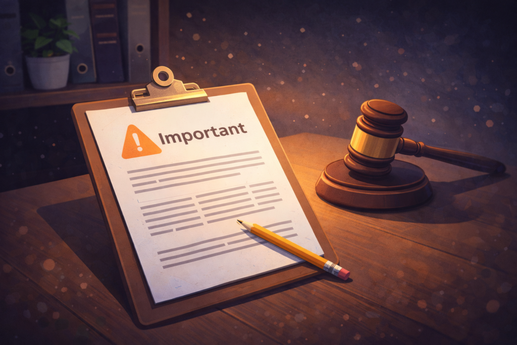 Illustrated important document notice displayed on a clipboard